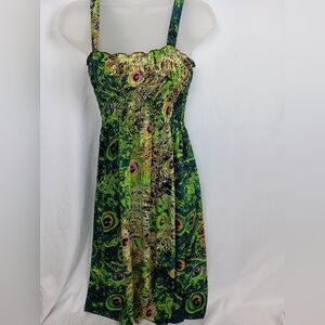 Artsy Smocked Vacation Grunge Boho Dopamine Green Peacock Print Summer Dress ML